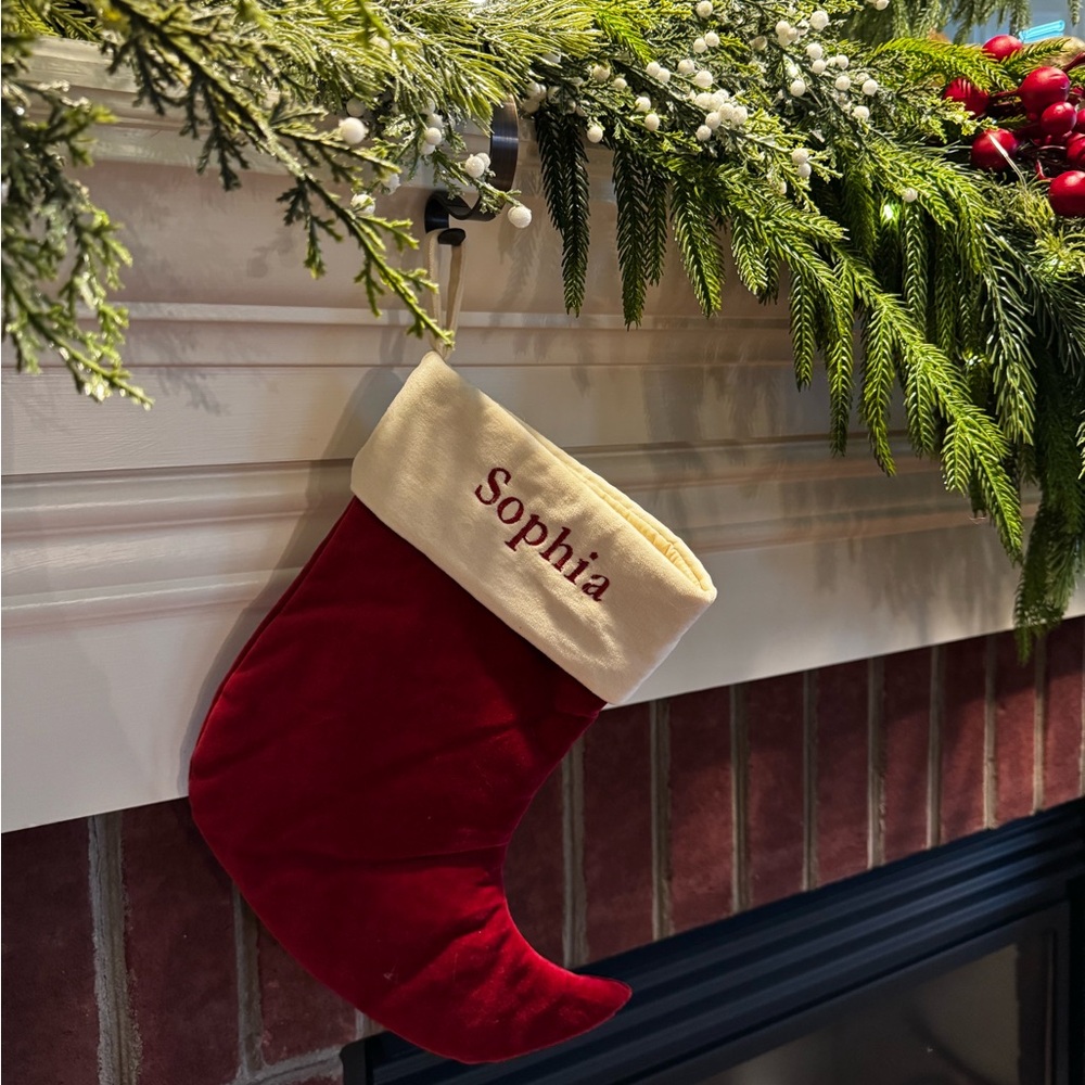 “SOPHIA”. Pottery Barn Red and Cream Holiday Stocking.